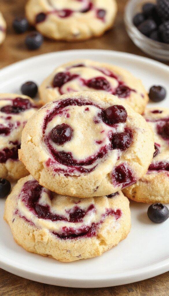 Close-up of Heavenly Blueberry Cheesecake Swirl Cookies showcasing their vibrant blueberry swirl and creamy cheesecake topping on a rustic plate.