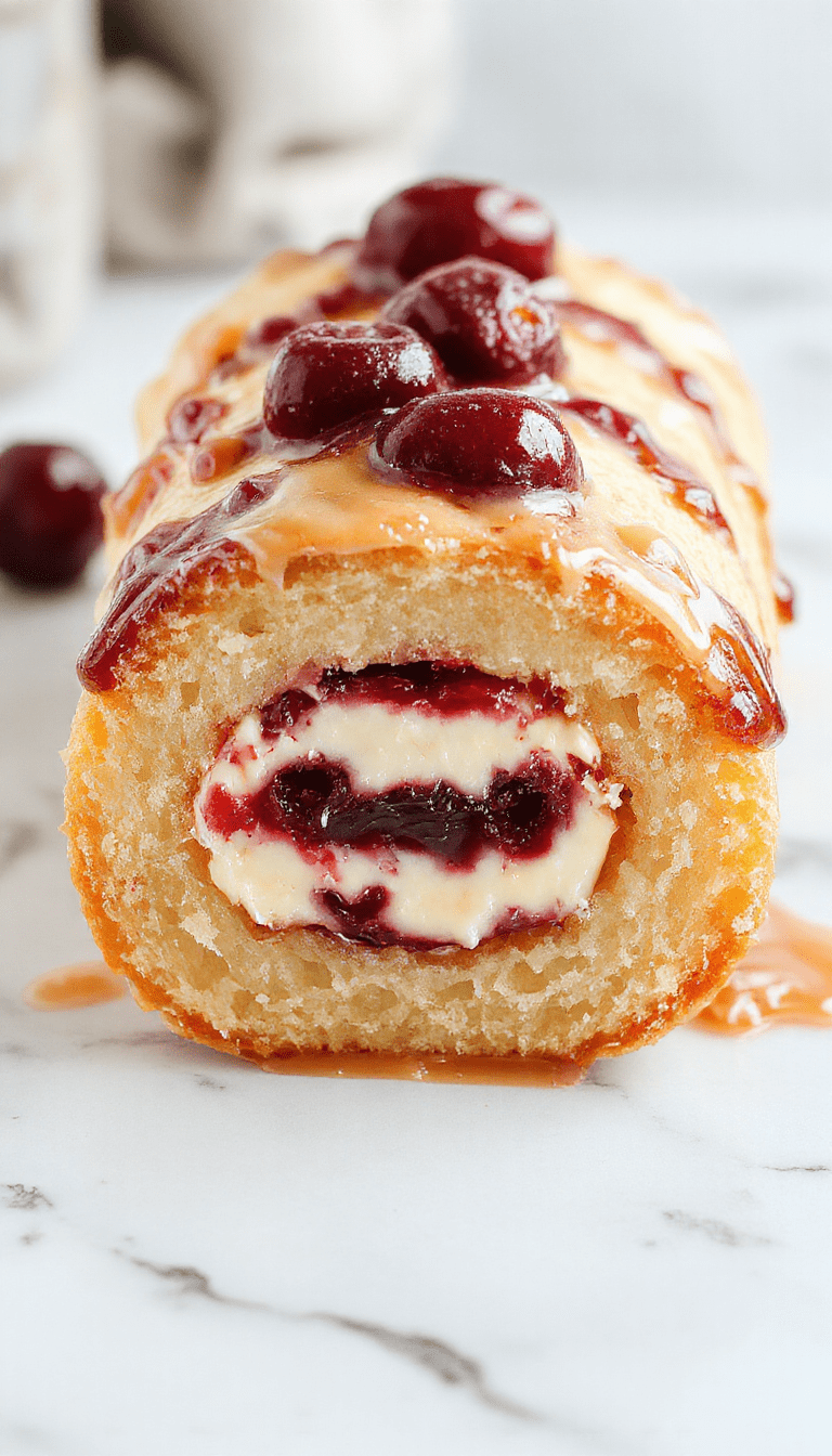 A beautifully sliced cherry cheesecake cake roll showcasing vibrant red cherries and creamy cheesecake filling, plated on a white dessert plate with a dusting of powdered sugar and fresh cherry garnish, with a soft focus background emphasizing the rich textures and colorful presentation.