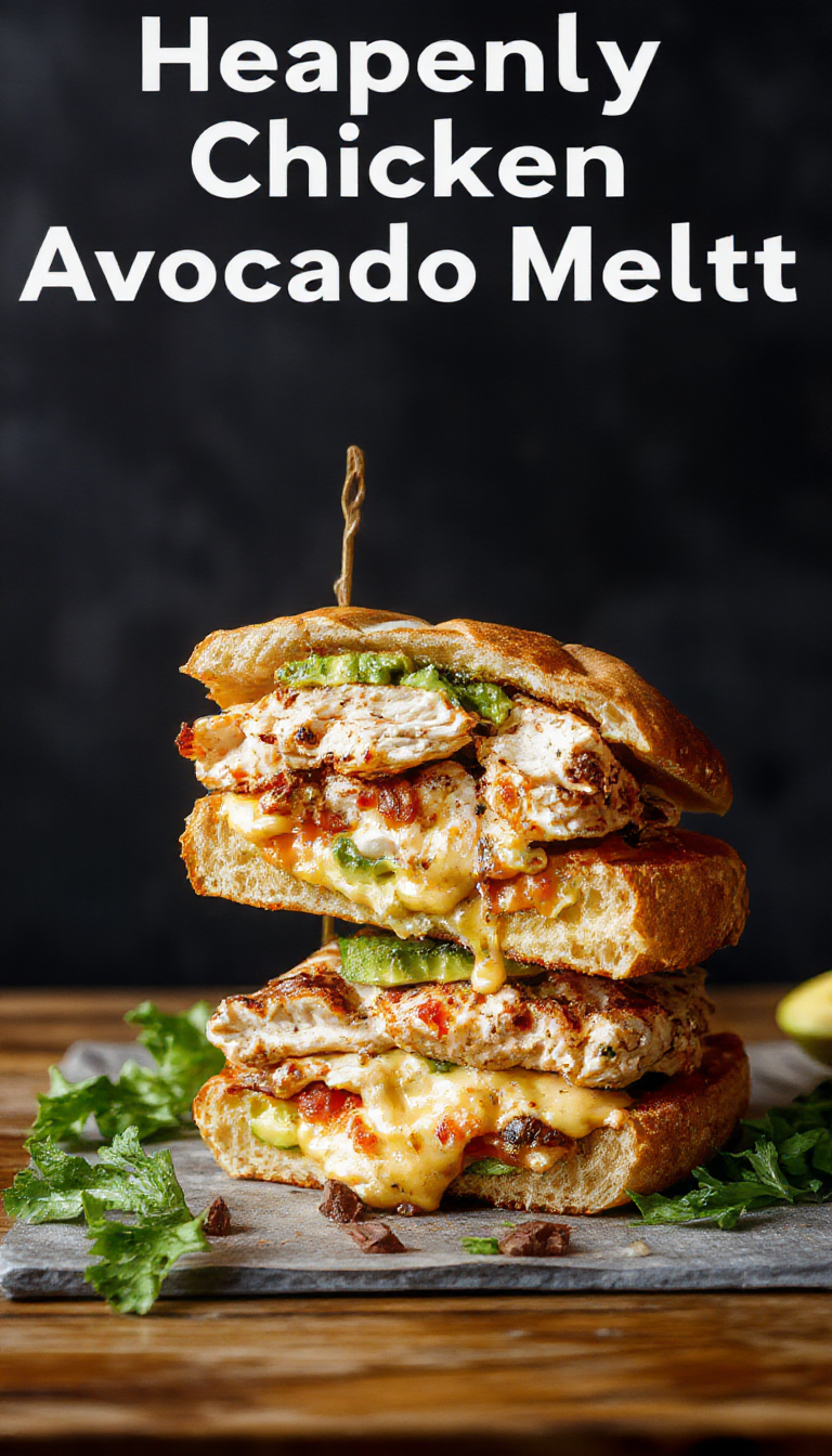 A close-up of the Heavenly Chicken Avocado Melt sandwich featuring toasted bread, melted cheese, slices of tender chicken, ripe avocado, and fresh greens.