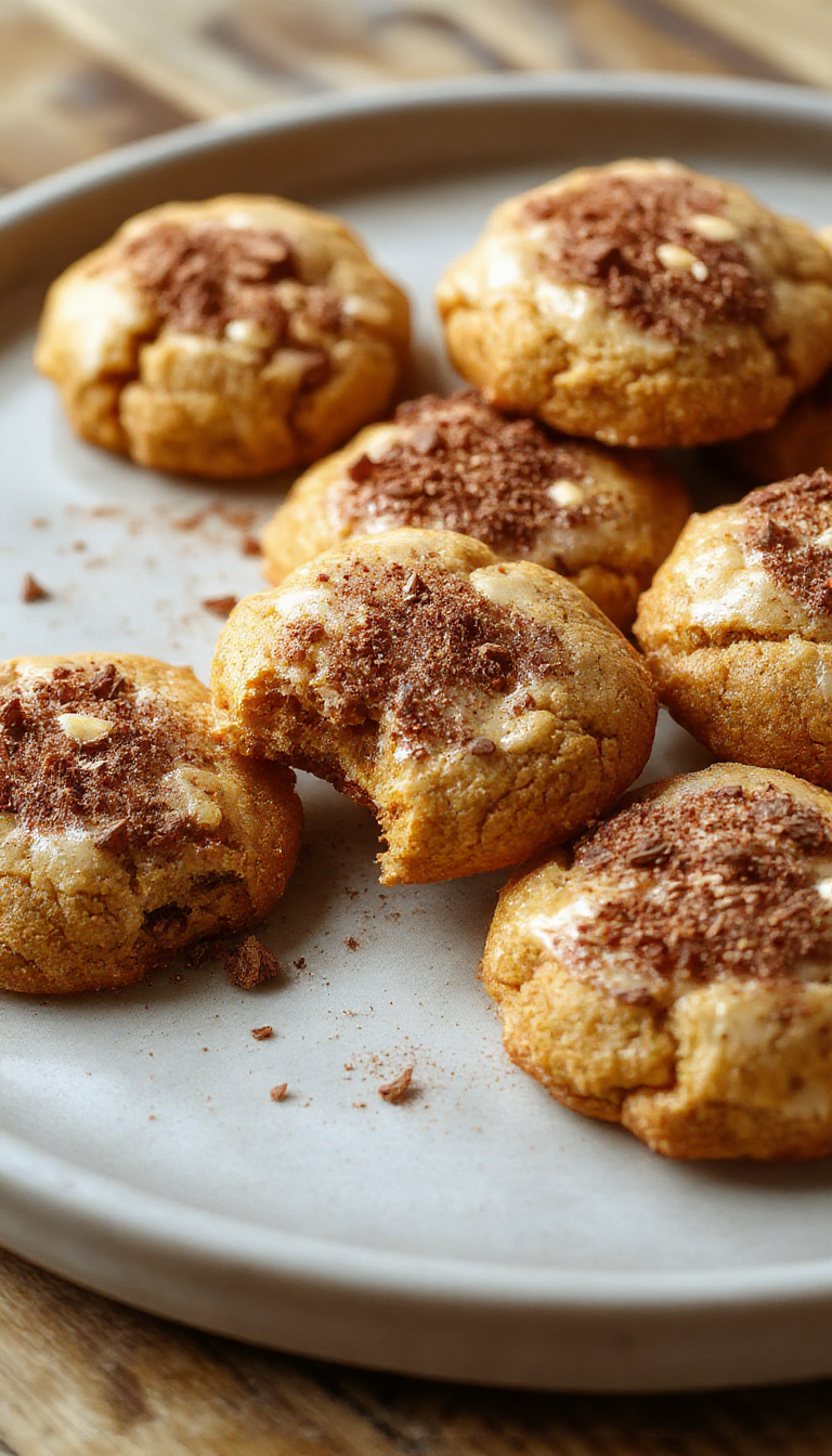 A plate of freshly baked autumn pumpkin cookies glazed with cinnamon sugar, surrounded by fall leaves and a warm cup of tea.