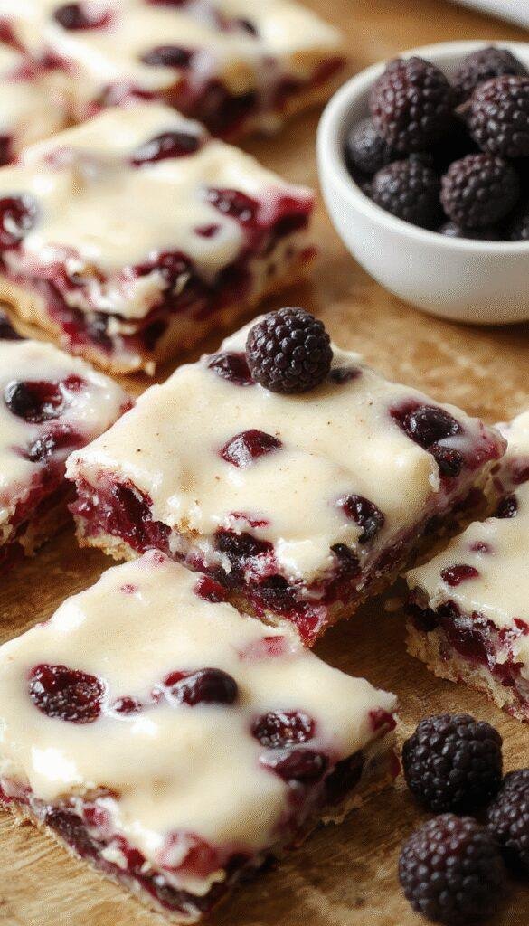 A close-up of heavenly creamy blueberry bars with golden crust topped with fresh blueberries and a dusting of powdered sugar, arranged on a white plate.
