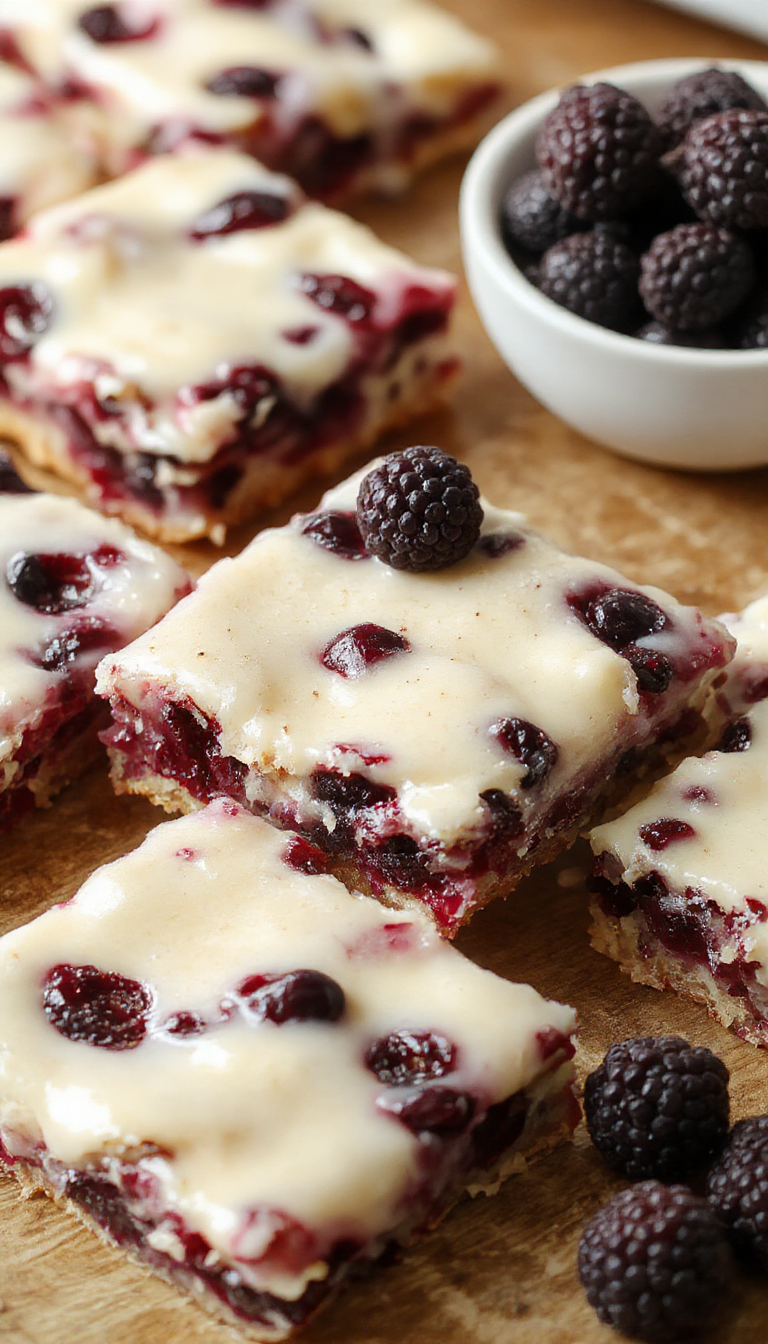 A close-up of heavenly creamy blueberry bars with golden crust topped with fresh blueberries and a dusting of powdered sugar, arranged on a white plate.
