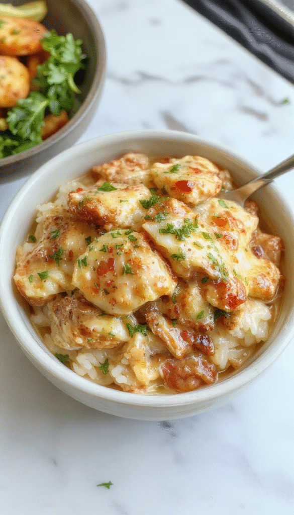 A vibrant plate featuring tender, golden-brown chicken smothered in a rich, creamy sauce atop fluffy steamed rice, garnished with fresh herbs and served on a rustic wooden table with a side of colorful vegetables.