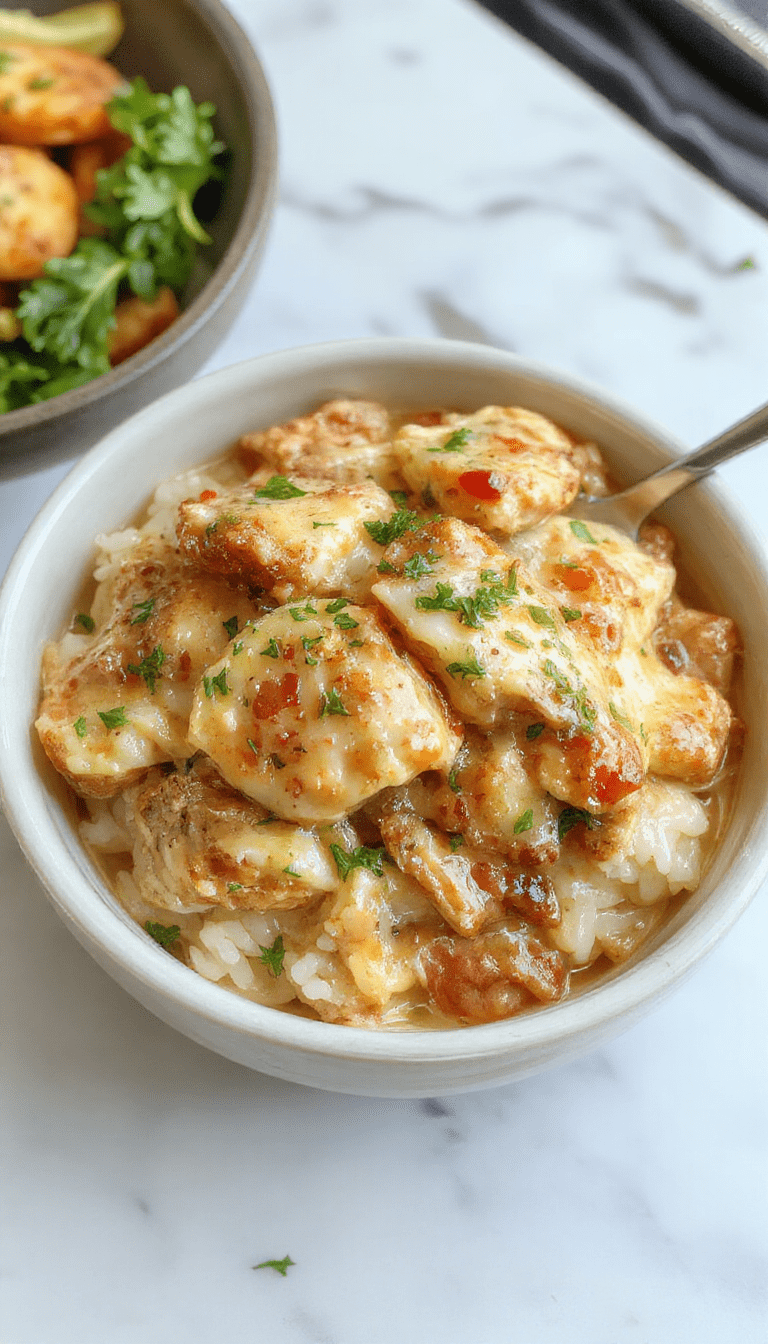 A vibrant plate featuring tender, golden-brown chicken smothered in a rich, creamy sauce atop fluffy steamed rice, garnished with fresh herbs and served on a rustic wooden table with a side of colorful vegetables.