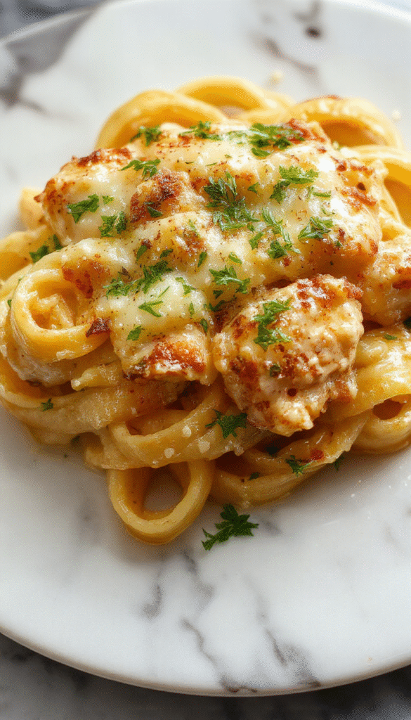 A close-up of a vibrant plate of garlic parmesan chicken pasta featuring al dente pasta topped with crispy chicken pieces, generously sprinkled with chopped parsley, grated parmesan, and drizzled with a creamy garlic sauce. The dish is presented on a rustic wooden table with fresh herbs and lemon wedges for garnish, showcasing a rich, savory, and appetizing appearance with contrasting textures and bright colors.