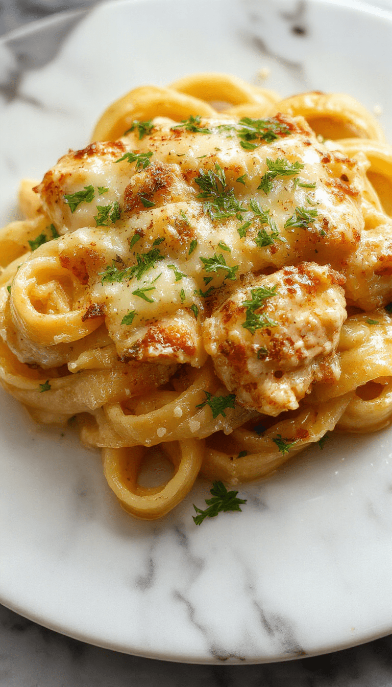 A close-up of a vibrant plate of garlic parmesan chicken pasta featuring al dente pasta topped with crispy chicken pieces, generously sprinkled with chopped parsley, grated parmesan, and drizzled with a creamy garlic sauce. The dish is presented on a rustic wooden table with fresh herbs and lemon wedges for garnish, showcasing a rich, savory, and appetizing appearance with contrasting textures and bright colors.