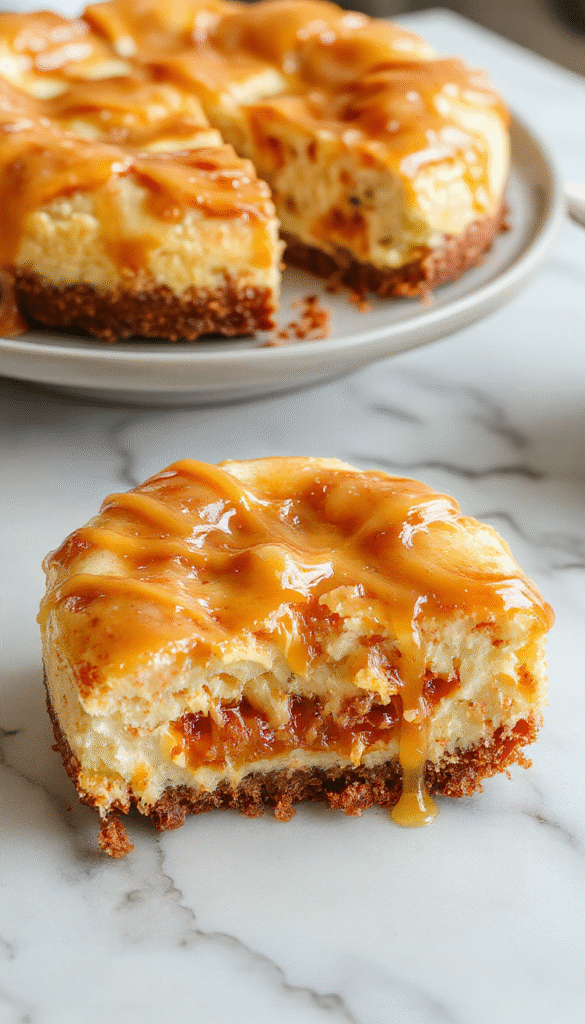 A close-up of a luscious loaded butterscotch cheesecake on a rustic wooden platter, topped with golden butterscotch sauce, whipped cream, and crunchy pecans. The cheesecake has a smooth, creamy texture with a graham cracker crust visible at the base. Vibrant caramel drizzles cascade down the sides, and the background features soft, warm lighting highlighting the indulgent presentation.