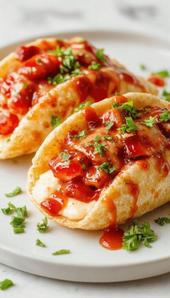 A plate of Heavenly Strawberry Cheesecake Tacos featuring crispy taco shells filled with creamy cheesecake and fresh strawberries, garnished with powdered sugar.