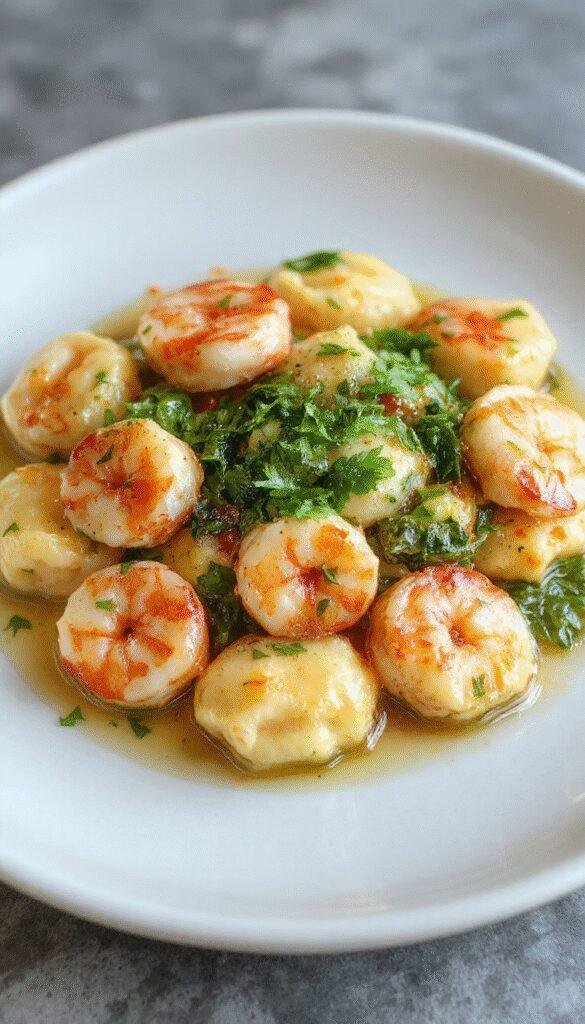 A plate of Heavenly Velvety Shrimp & Spinach Tortellini garnished with fresh herbs, showcasing creamy sauce and colorful ingredients on a elegant dish.