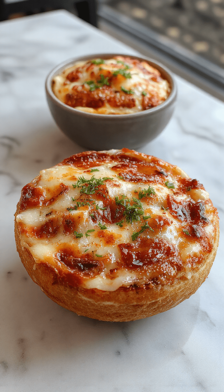A close-up of a golden-brown French Onion Soup Pizza slice topped with melted cheese, caramelized onions, and crispy crust, served on a rustic wooden platter with a drizzle of herbs and a small bowl of onion broth garnish in the background