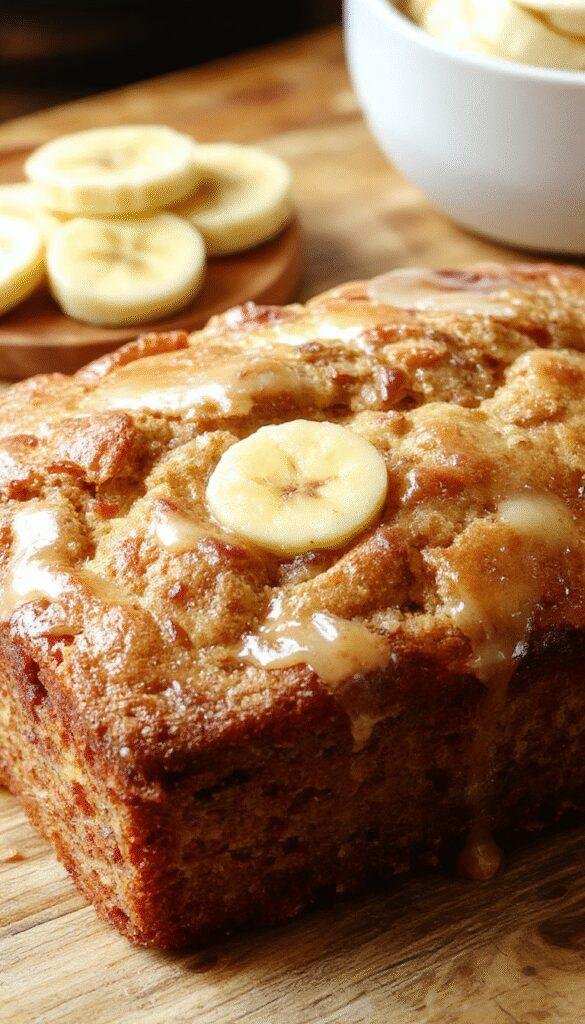 Golden, freshly baked cafe-style banana bread sliced on a wooden cutting board with a cup of coffee in the background.