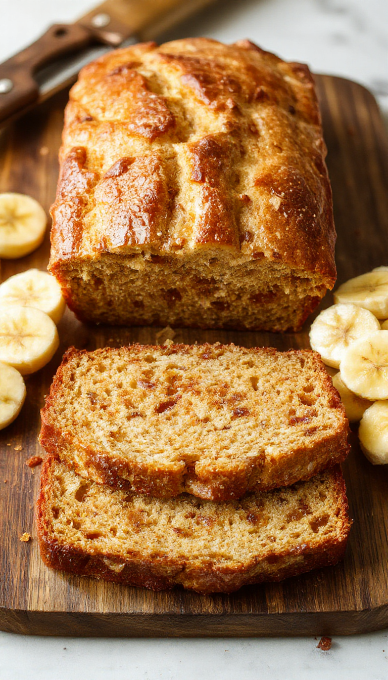 A slice of honey vanilla banana bread on a rustic plate, garnished with fresh banana slices and a drizzle of honey, glowing with warm lighting.