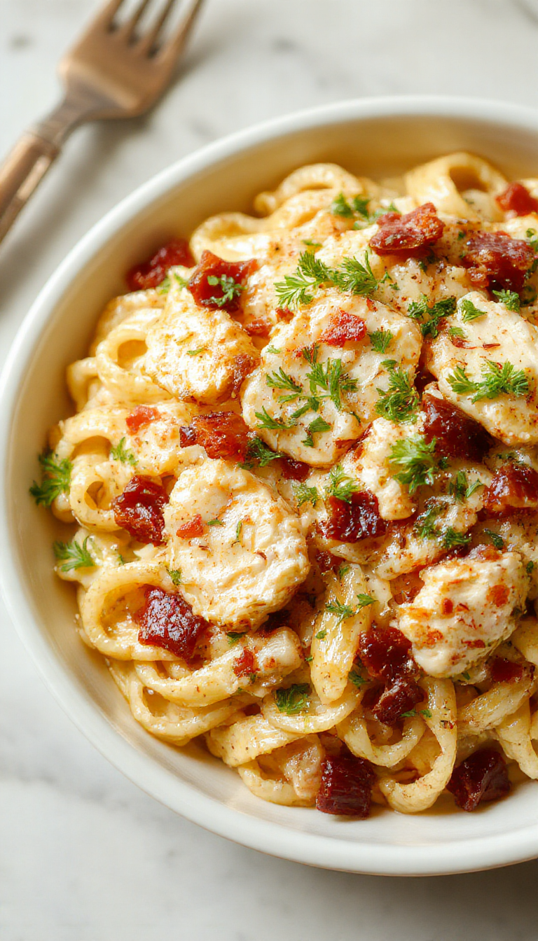 A plate of creamy chicken bacon ranch pasta garnished with fresh herbs, showcasing a rich, cheesy sauce with tender chicken and crispy bacon.