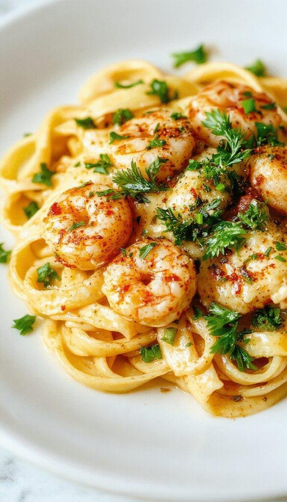 A plate of creamy garlic shrimp pasta garnished with parsley, showcasing tender shrimp covered in rich, buttery garlic sauce in a white bowl