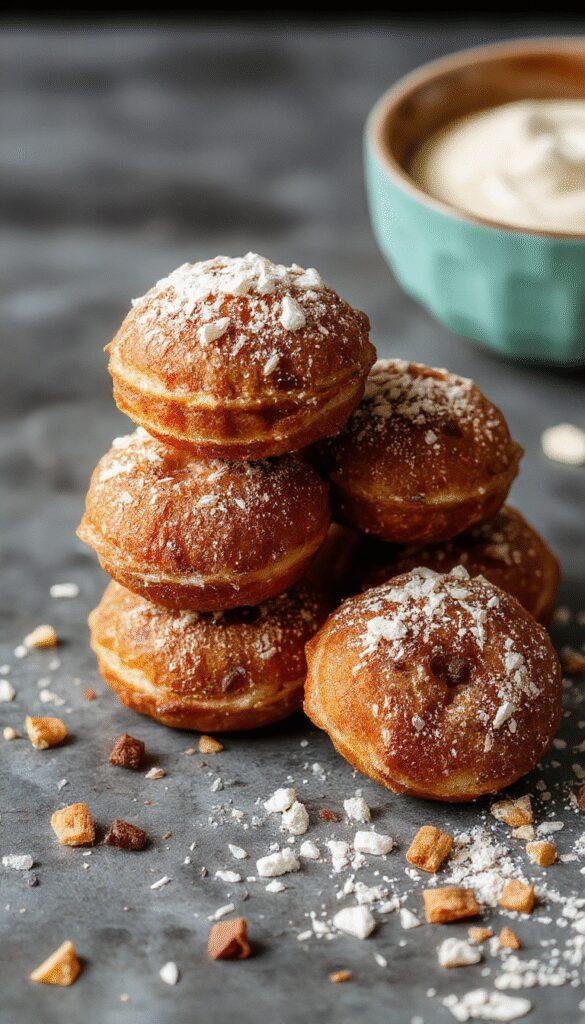 Golden baked churro bites coated in cinnamon sugar, served on a decorative plate with a dipping sauce alongside fresh strawberries.