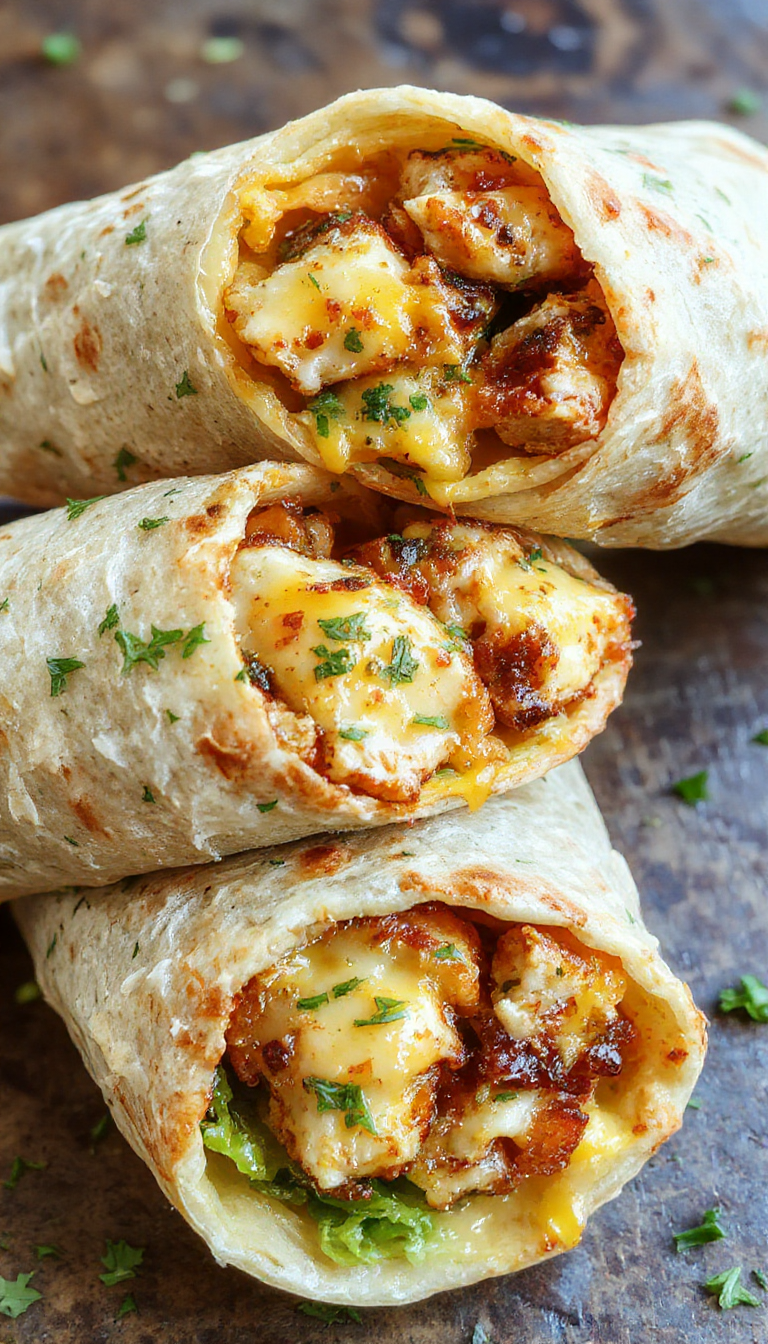 Close-up of cheesy garlic chicken wraps with melted cheese, fresh lettuce, and golden-brown tortillas, garnished with herbs on a wooden platter.