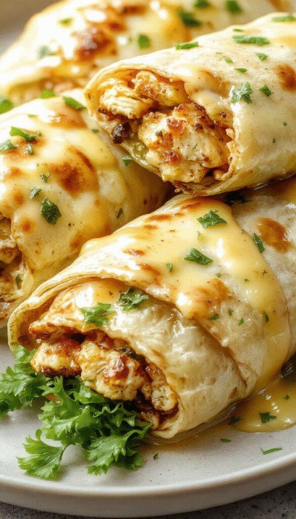 Close-up of cheesy garlic chicken wraps filled with tender chicken, melted cheese, and fresh herbs, wrapped in soft tortillas.