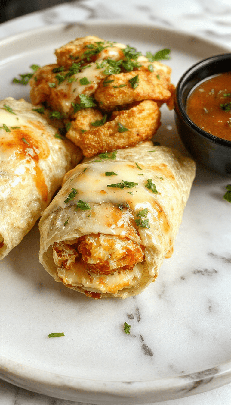 Colorful platter featuring golden-brown chicken wraps filled with melted cheese and crisp greens, drizzled with garlic sauce, styled on a rustic wooden surface with fresh herbs scattered around