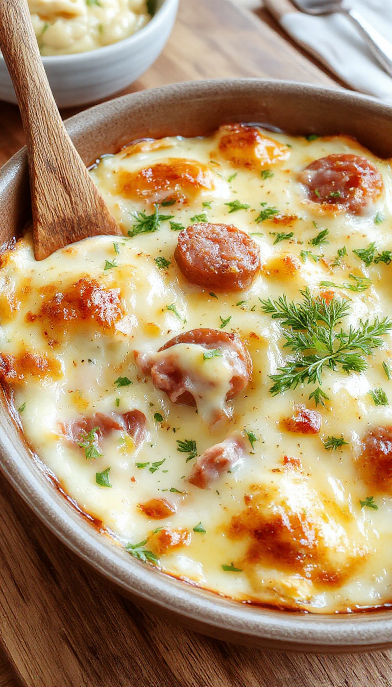 A delicious Cheesy Ranch & Smoked Sausage Bake served hot in a baking dish, topped with melted cheese and fresh herbs.