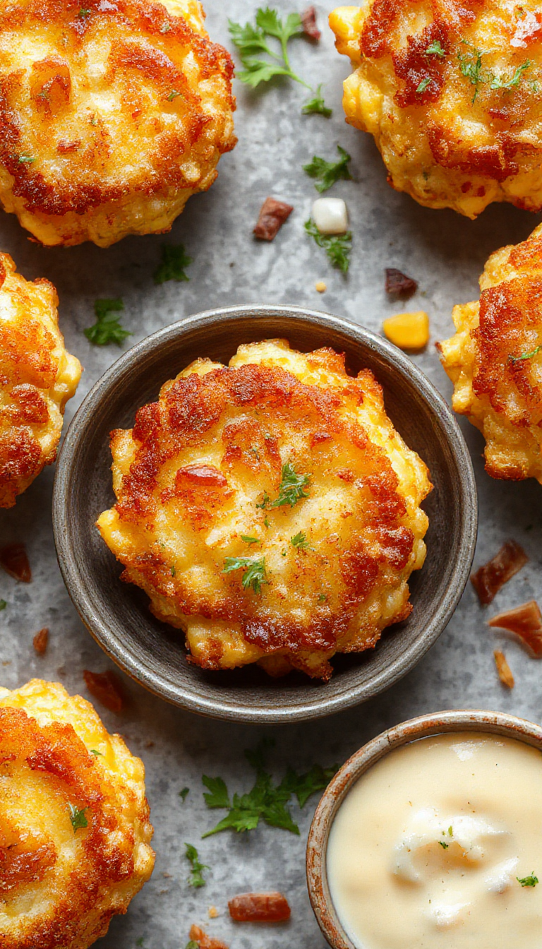 Golden cheese corn fritters with crispy exterior and melted cheese center served on a rustic platter