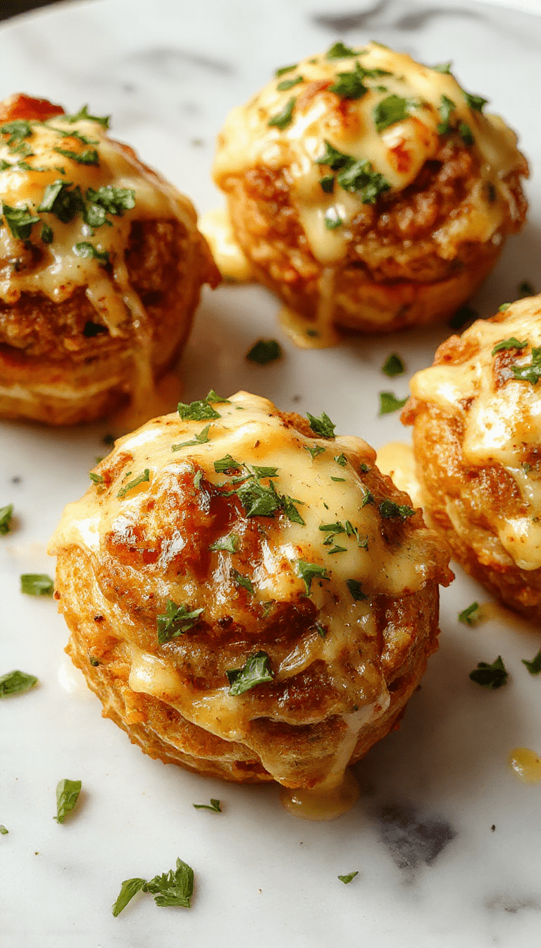 Colorful close-up of golden-brown cheeseburger rollups drizzled with garlic butter, melted cheese peeking through a crispy crust, garnished with fresh herbs on a rustic wooden plate