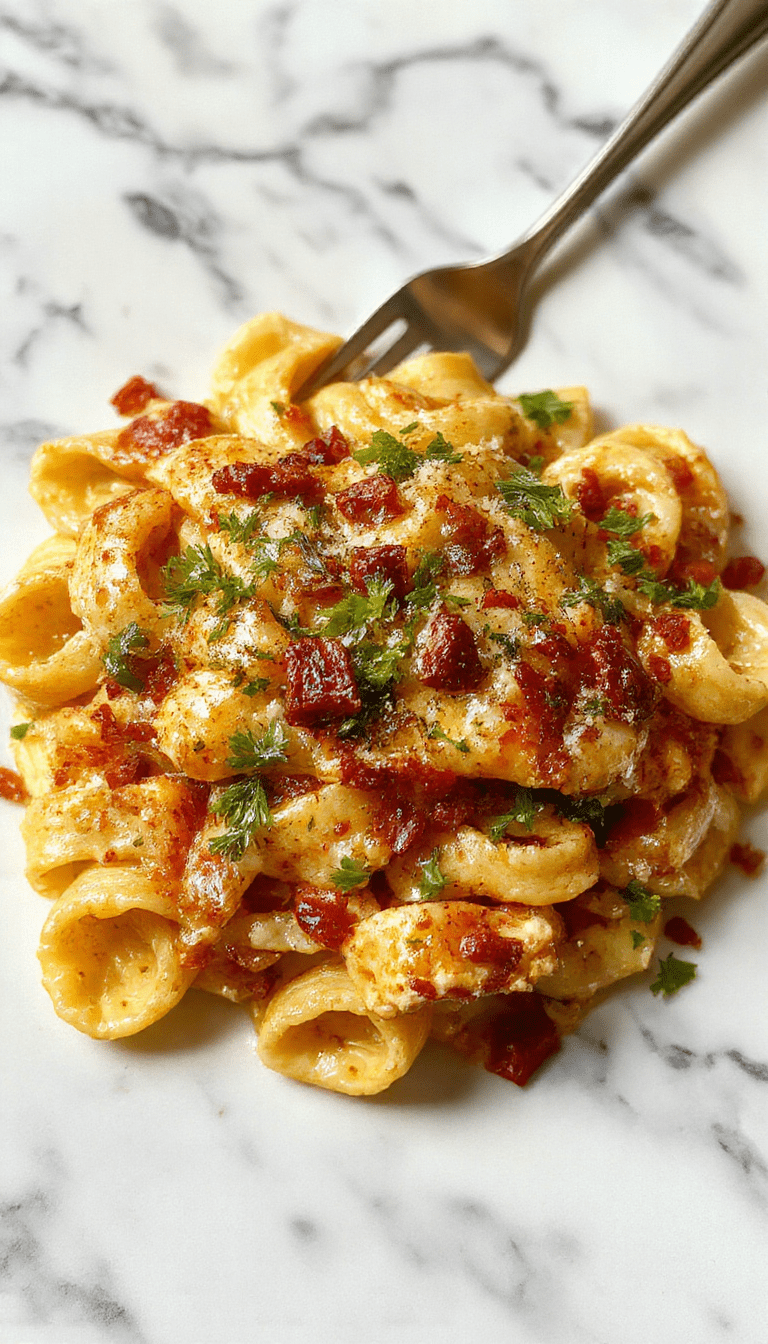 A vibrant plate of creamy chicken pasta garnished with fresh herbs, showcasing tender chicken slices coated in a rich, cheesy sauce with al dente pasta and a sprinkle of herbs on a rustic wooden table