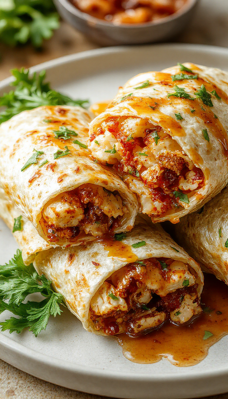 Close-up of juicy garlic chicken wraps filled with crispy lettuce and melted cheese, wrapped in soft tortillas on a wooden plate.