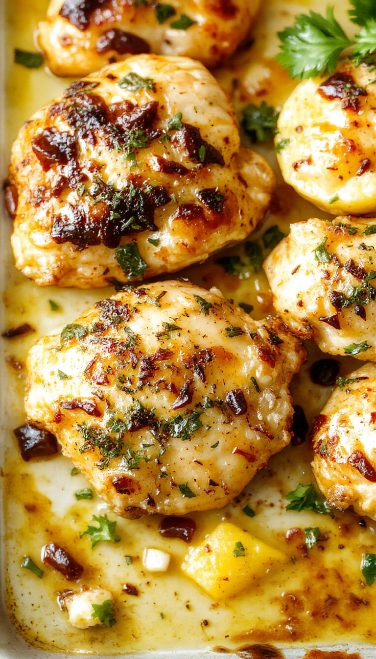 Colorful sheet pan of Island Breeze Chicken with grilled vegetables, pineapple chunks, and fresh herbs, served on a tropical-themed plate.