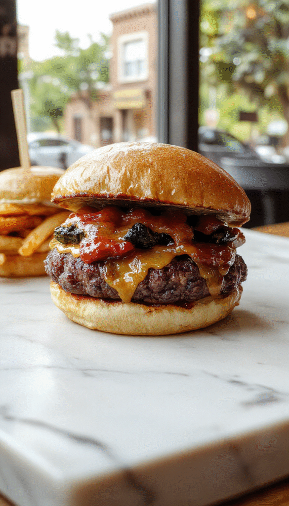 A close-up of juicy crack burgers resting on a rustic wooden plate, topped with melted cheese, crisp lettuce, and ripe tomato slices, with a side of golden crispy fries and a dipping sauce, styled with fresh herbs and a drizzle of sauce, illuminated by warm natural light highlighting the textures and colors.