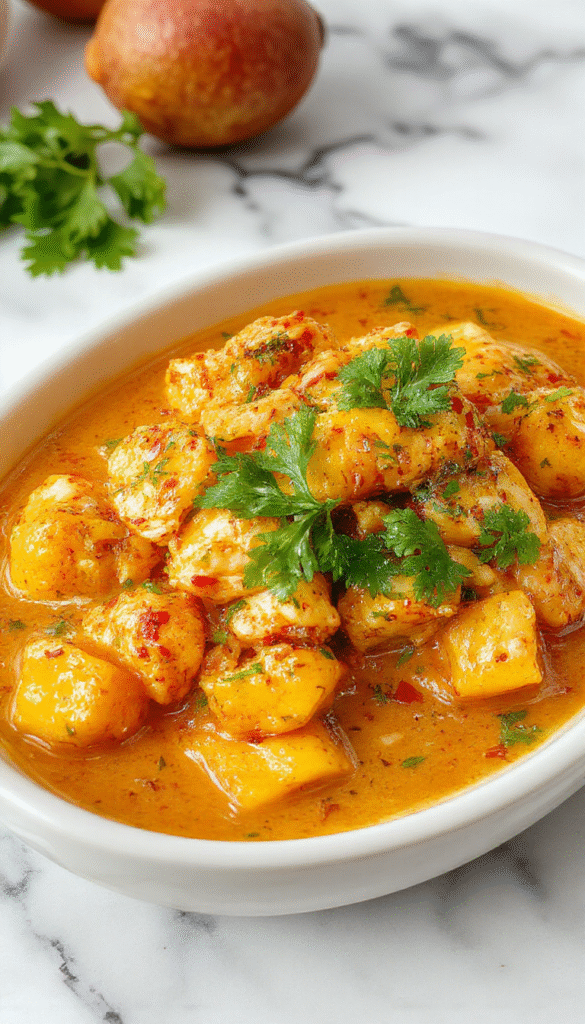 A vibrant plate of mango chicken curry featuring golden-brown chicken pieces enveloped in a rich, orange mango sauce, garnished with fresh cilantro, served on a rustic white plate with a side of steamed rice, colorful ingredients and a wooden spoon emphasizing the dish's luscious textures and tropical appeal.