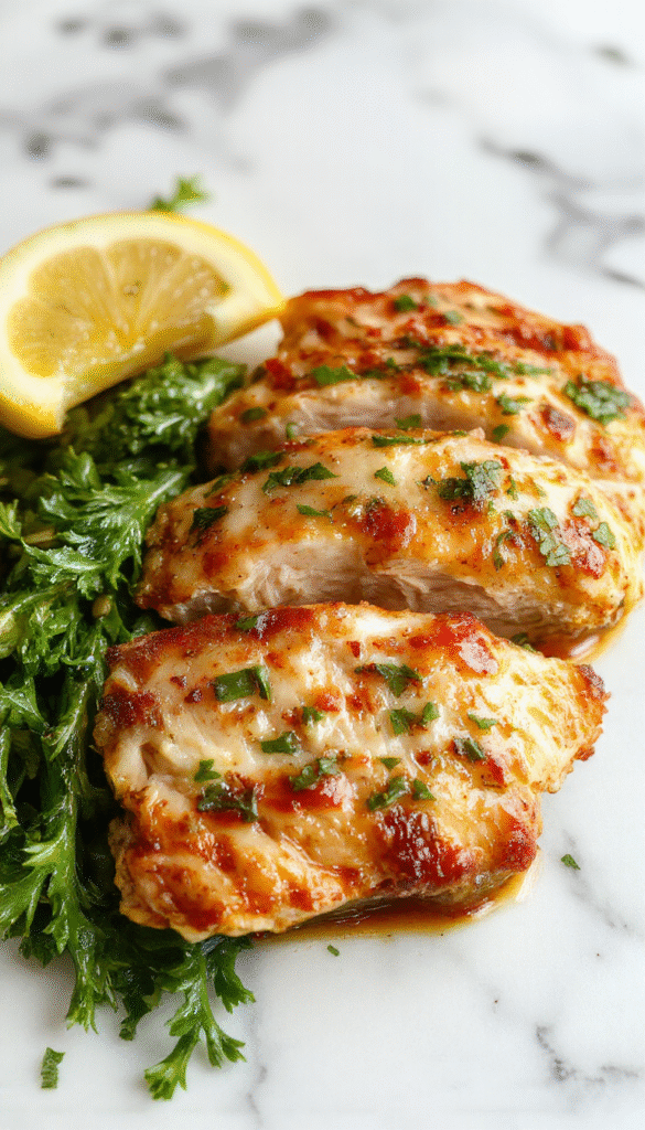 Colorful plated chicken breast dish featuring golden-brown crispy exterior, tender juicy inside, garnished with fresh herbs and served with vibrant vegetable sides, styled beautifully on a white plate with a rustic wooden background.