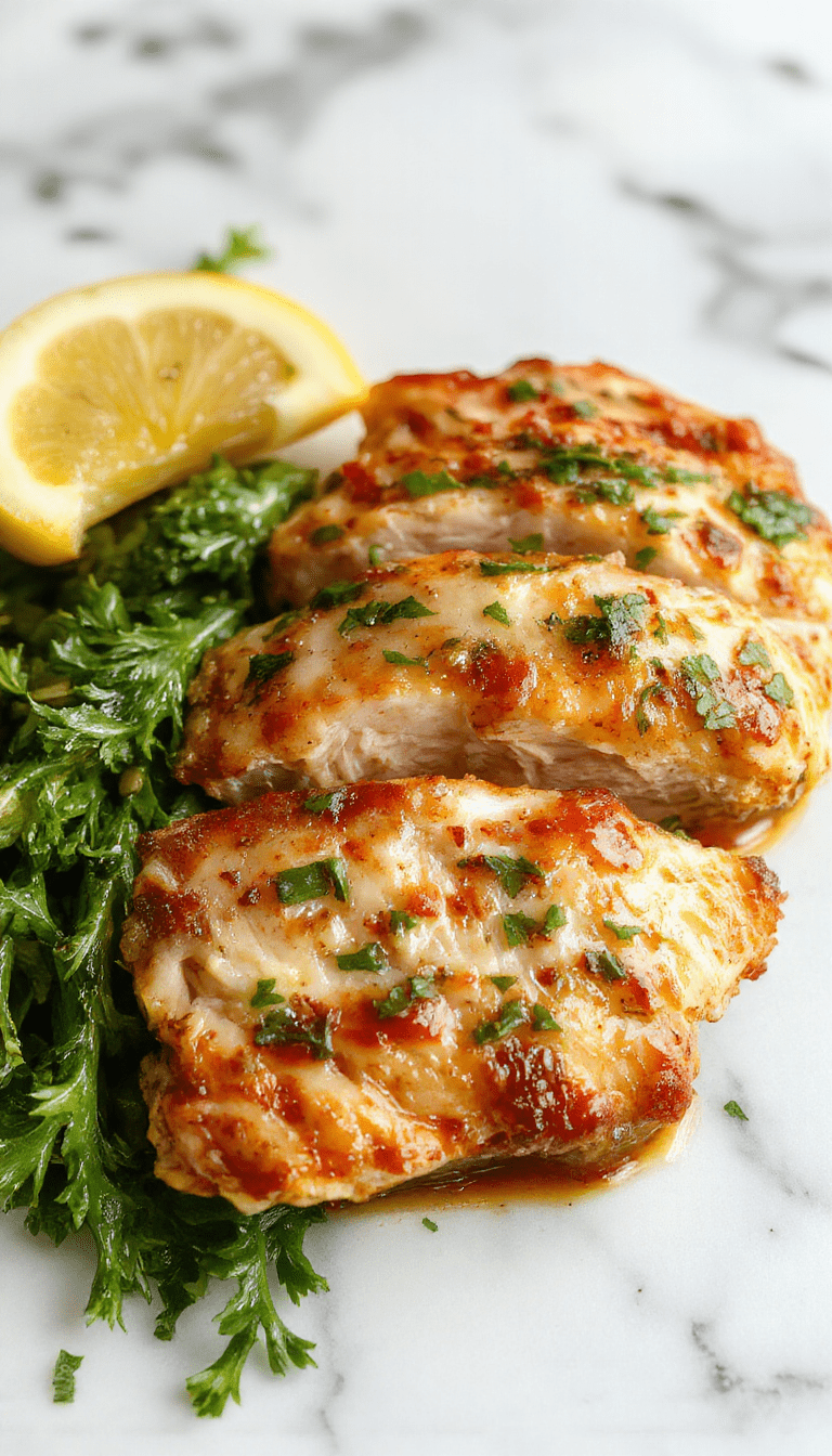 Colorful plated chicken breast dish featuring golden-brown crispy exterior, tender juicy inside, garnished with fresh herbs and served with vibrant vegetable sides, styled beautifully on a white plate with a rustic wooden background.