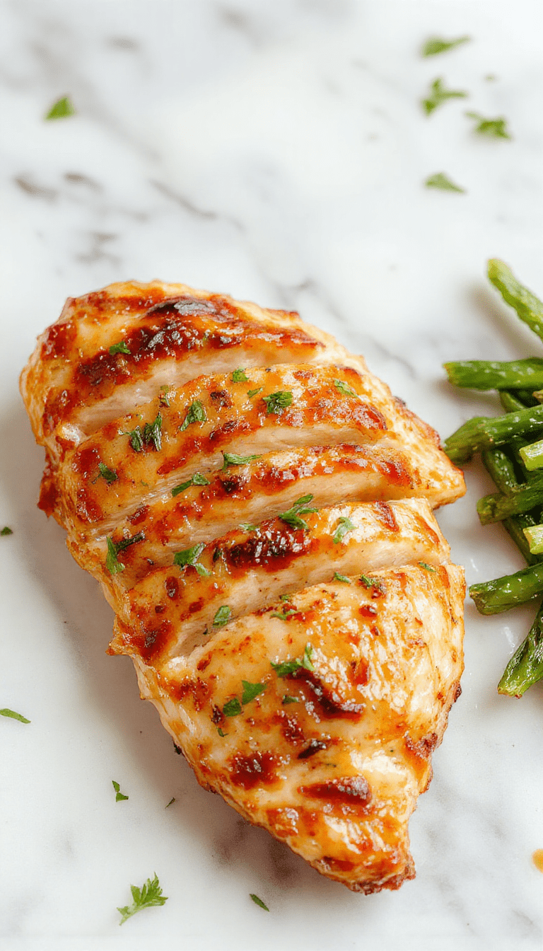 A close-up of a perfectly cooked chicken breast served on a white plate, golden-brown and glazed with a shiny sauce. The chicken is garnished with fresh herbs and surrounded by colorful vegetables on a rustic wooden table, showcasing a tempting and appetizing presentation.