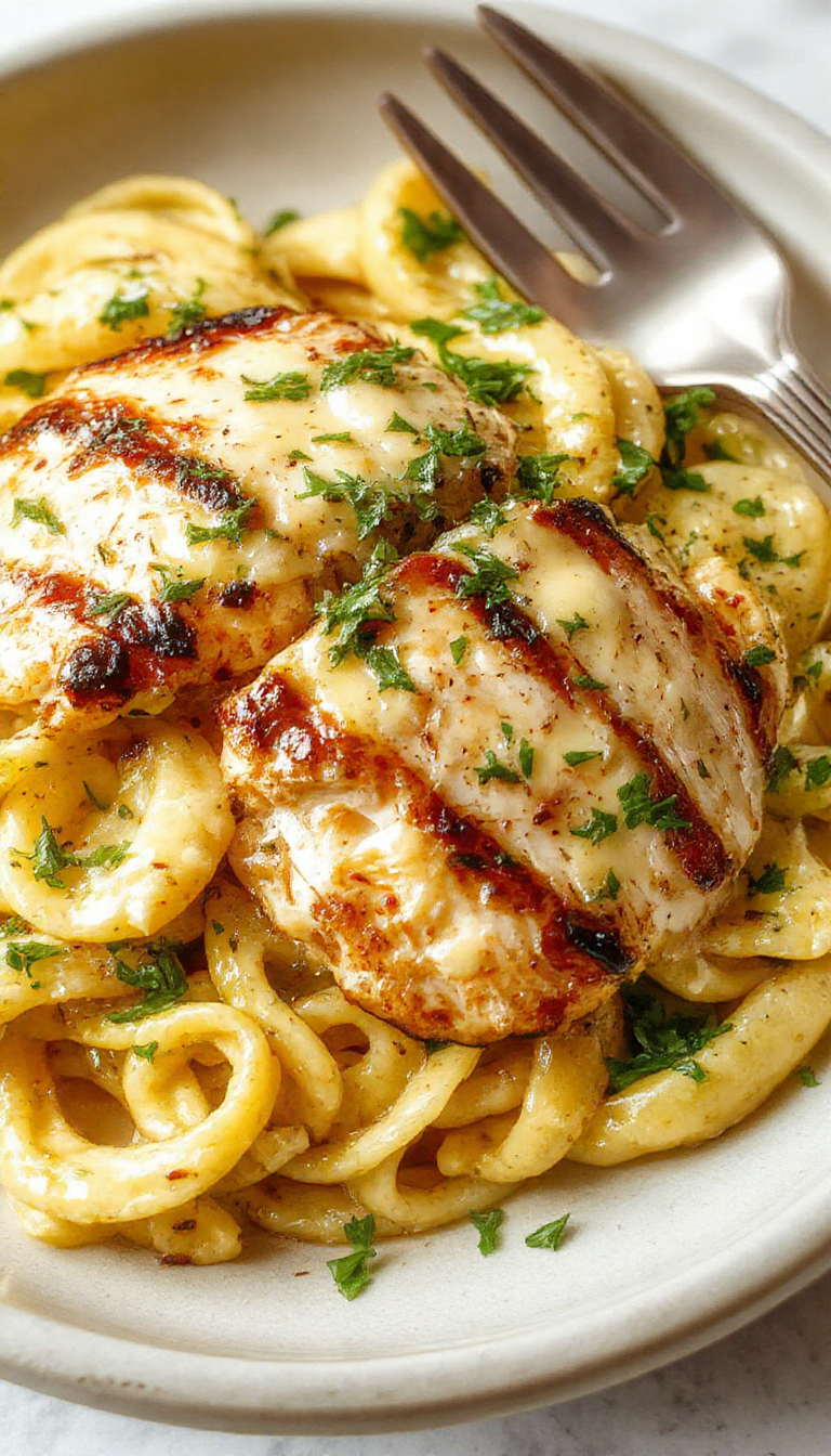 A delicious plate of Lean & Luscious Grilled Chicken Alfredo featuring grilled chicken slices atop creamy Alfredo sauce and perfectly cooked pasta, garnished with herbs.