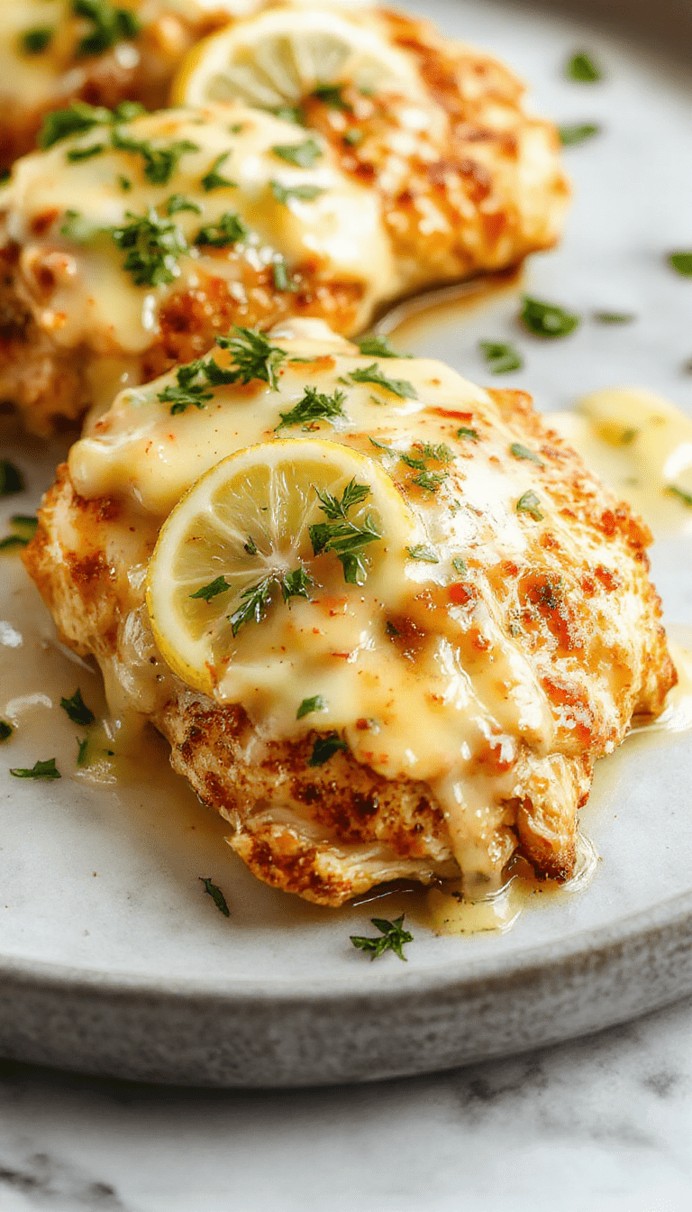 A beautifully plated lemon chicken dish featuring golden-brown chicken breasts topped with a glossy, vibrant lemon butter sauce. The plate is garnished with fresh lemon slices and parsley, with a background of lemon halves and sprigs of thyme for a fresh, inviting look. The textures of crispy chicken and smooth sauce create an appetizing contrast with colorful accents.