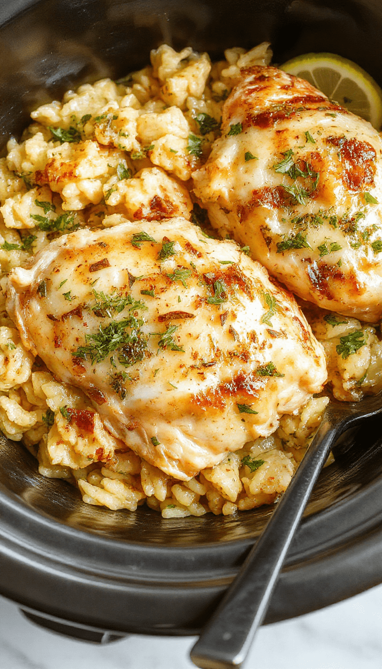 Colorful plate featuring tender shredded chicken seasoned with fresh herbs and lemon slices, served atop fluffy rice with vibrant green herbs sprinkled around, all plated beautifully with a lemon wedge garnish on a rustic wooden table.