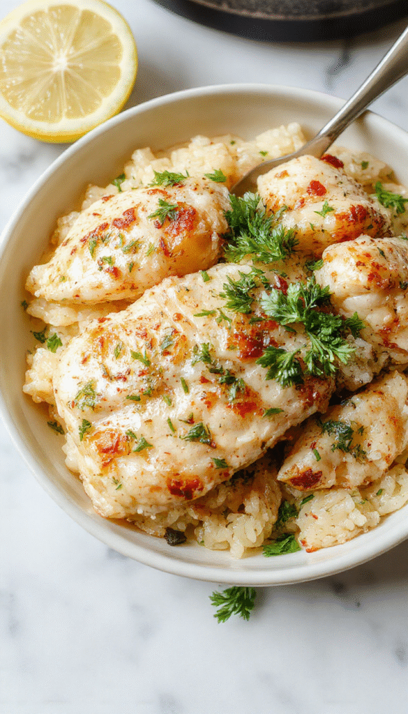 Colorful plate featuring tender shredded chicken coated in lemon and herbs, served over fluffy rice with fresh green herbs and lemon slices, garnished with a sprig of thyme in a rustic setting