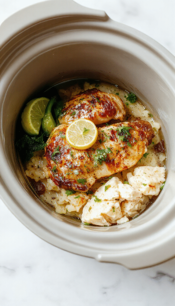 A vibrant plate featuring tender shredded chicken coated in lemon herb sauce atop fluffy white rice, garnished with fresh herbs and lemon slices, styled on a rustic wooden surface with fresh herbs around