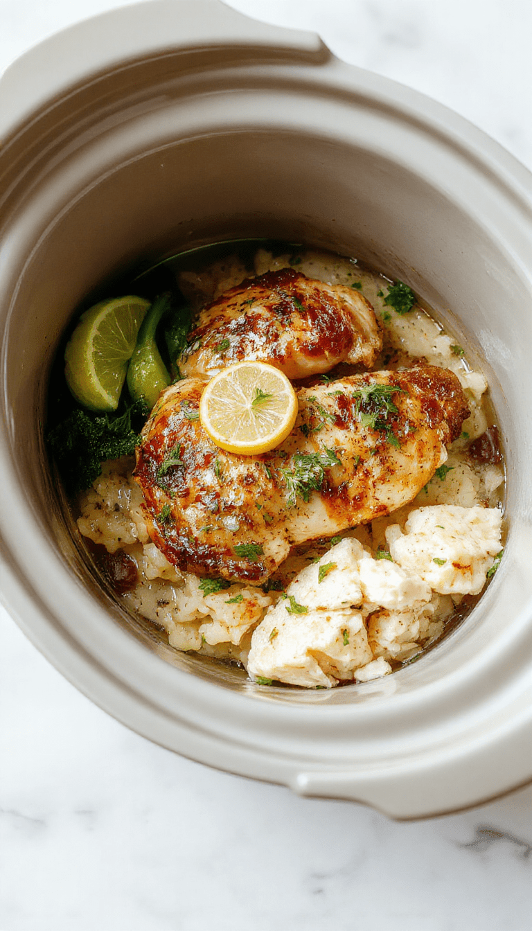 A vibrant plate featuring tender shredded chicken coated in lemon herb sauce atop fluffy white rice, garnished with fresh herbs and lemon slices, styled on a rustic wooden surface with fresh herbs around