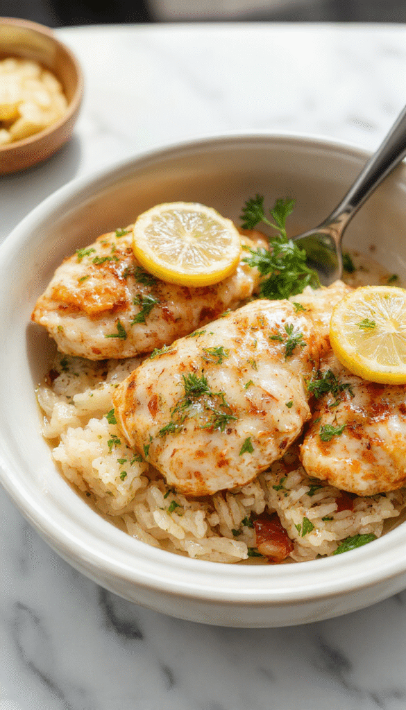 Colorful plated dish featuring shredded lemon herb chicken atop fluffy rice, garnished with fresh herbs and lemon slices, set on a rustic wooden table with a bright, inviting background.