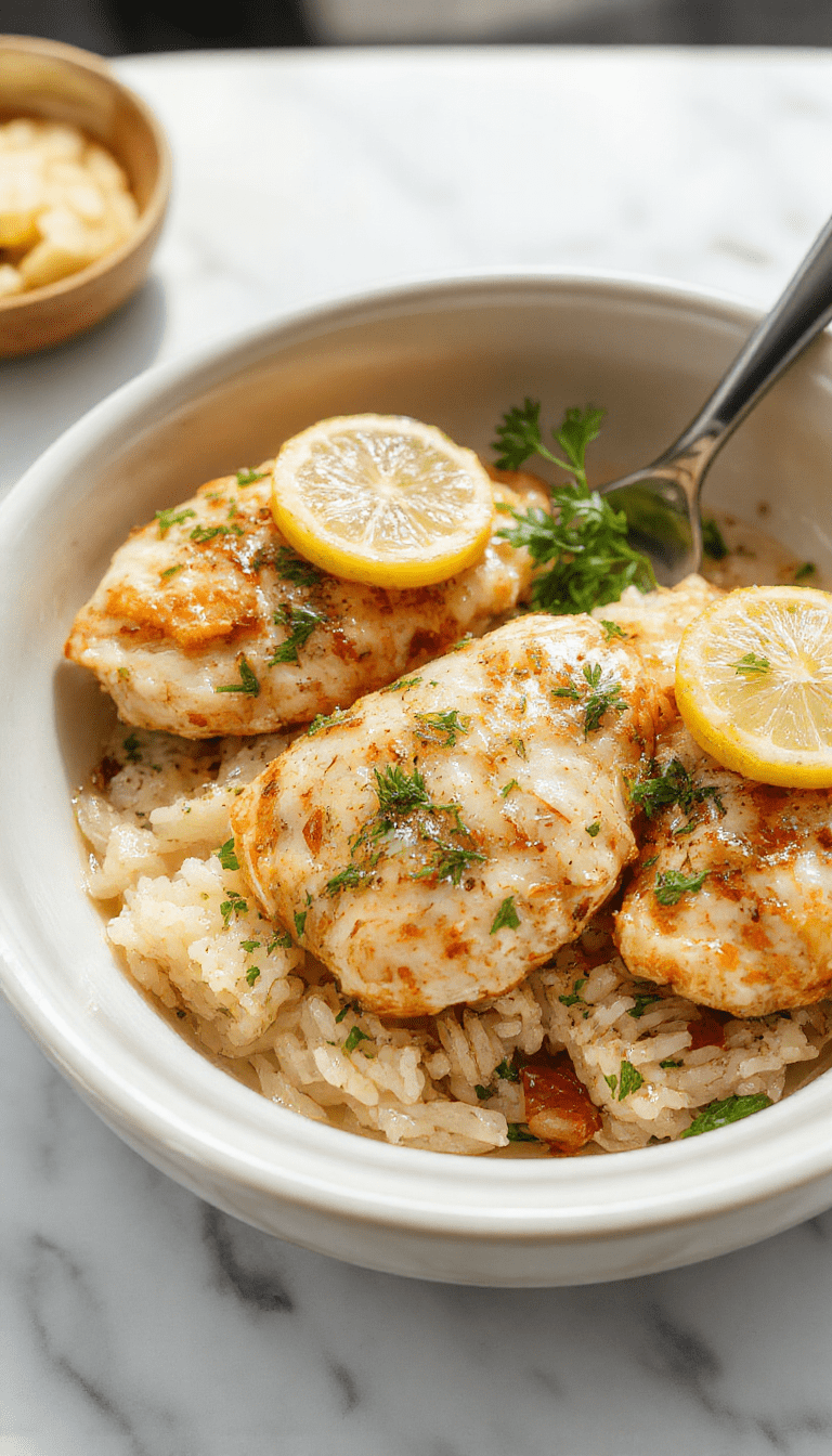 Colorful plated dish featuring shredded lemon herb chicken atop fluffy rice, garnished with fresh herbs and lemon slices, set on a rustic wooden table with a bright, inviting background.