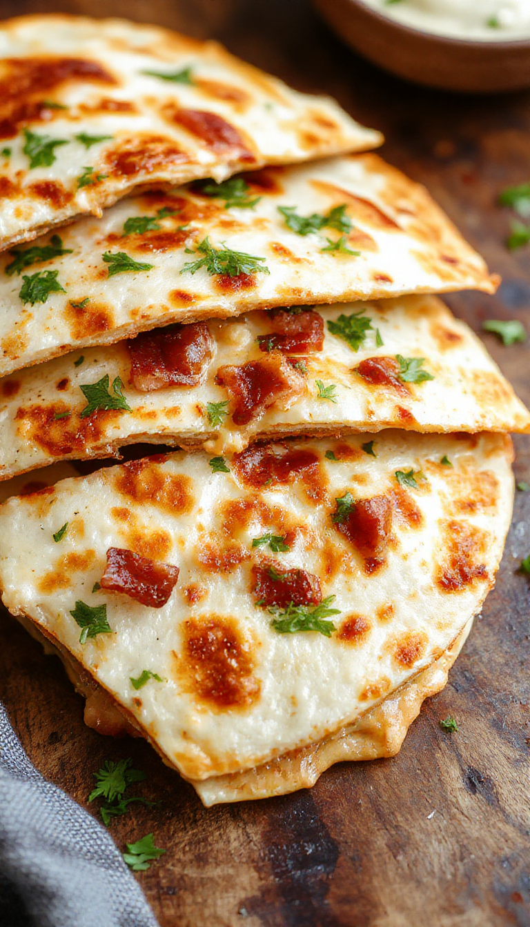 A delicious plate of Lightning-Fast Chicken Bacon Ranch Quesadillas sliced open to reveal melted cheese, chicken, bacon, and ranch filling inside crispy tortillas.