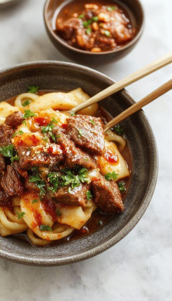 A plate of Luscious Glazed Beef Noodles garnished with green onions and sesame seeds, showcasing tender beef slices and glossy noodles