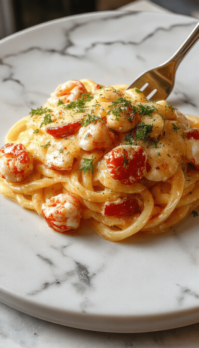 A vibrant plate of creamy lobster pasta with succulent chunks of lobster, coated in a rich, smooth white sauce, garnished with fresh herbs and served in a white ceramic bowl on a rustic wooden table