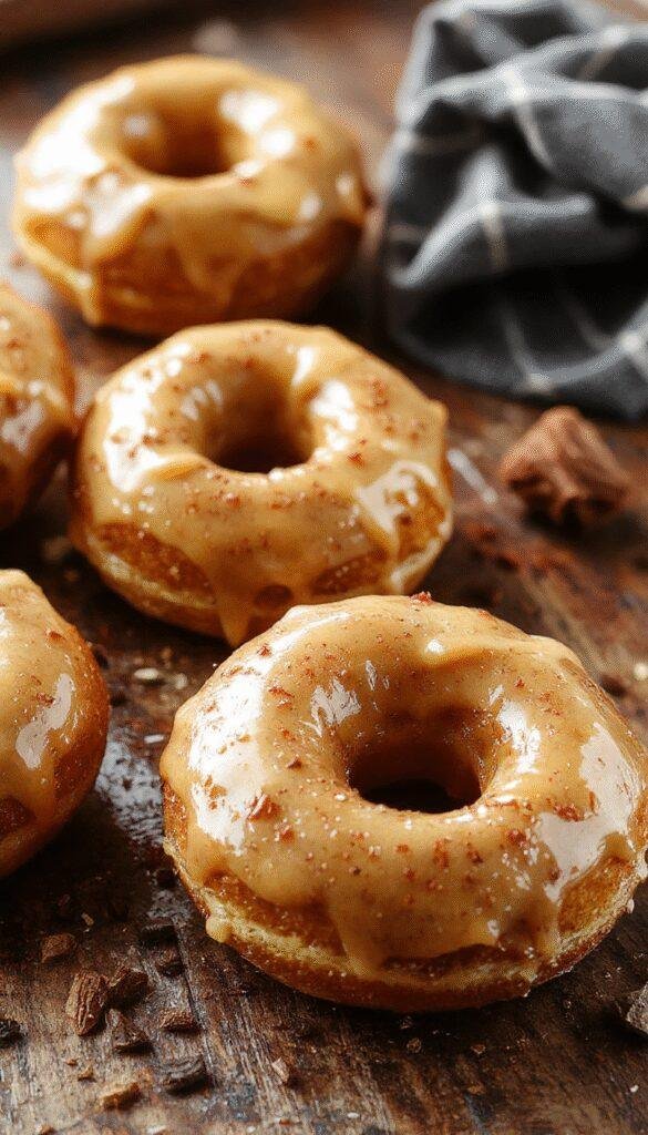 A plate of freshly glazed Maple-Kissed Pumpkin Donuts garnished with a drizzle of maple syrup and pumpkin seeds, set on a rustic wooden table.