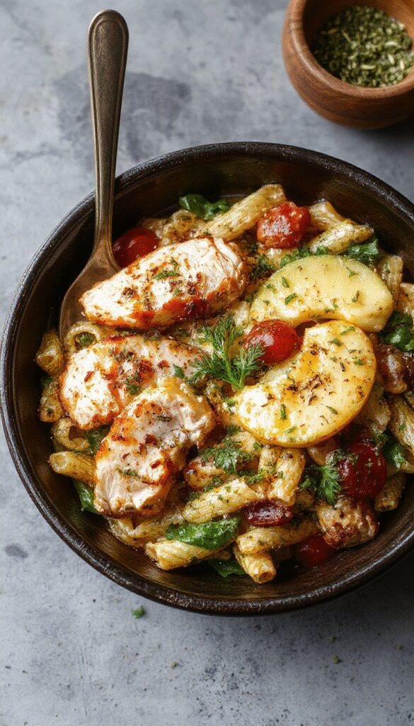 Colorful Mediterranean Chicken Pasta salad with fresh vegetables, grilled chicken, and herbs in a vibrant bowl.