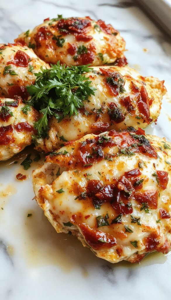 Colorful Mediterranean chicken zucchini bake plated beautifully with golden-brown chicken pieces, vibrant green zucchini slices, cherry tomatoes, and melted cheese, garnished with fresh herbs on a rustic ceramic plate with a wooden background, highlighting textures and fresh ingredients.