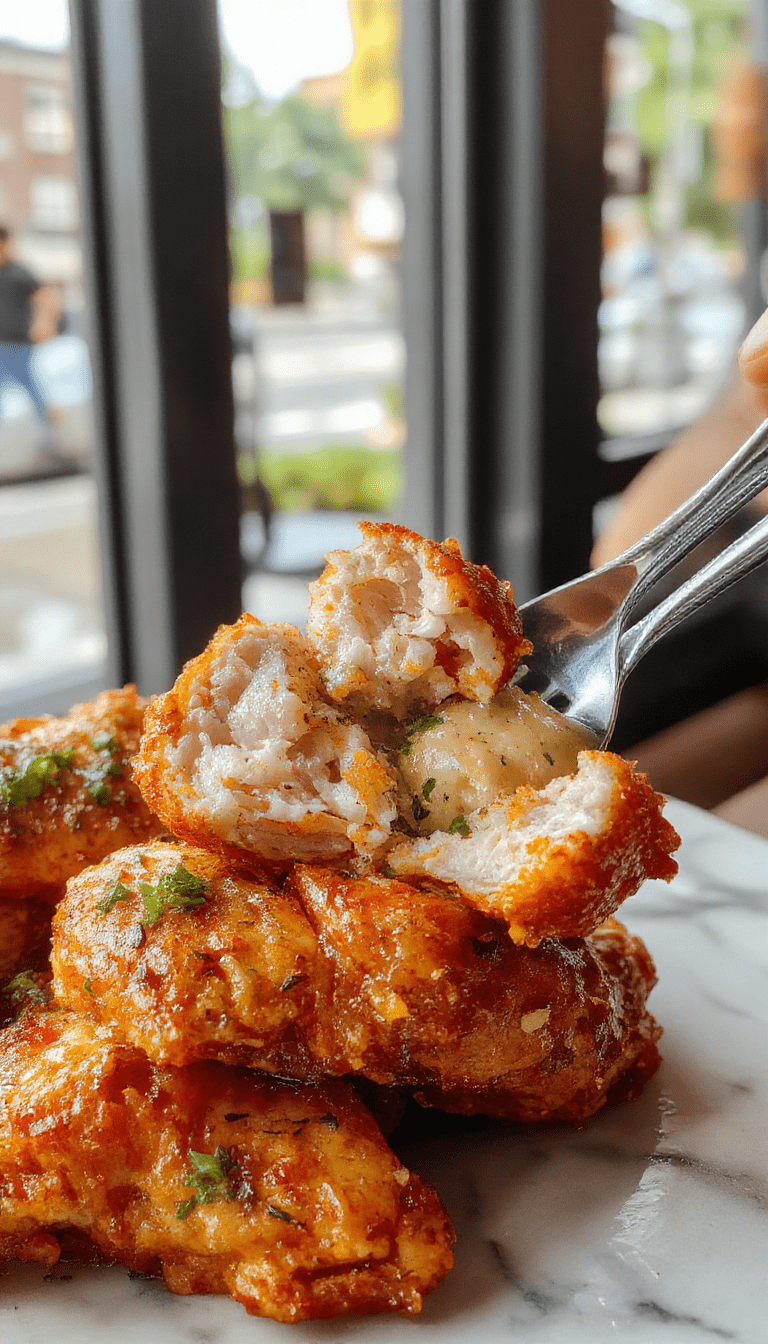 A close-up of golden-brown, tender chicken pieces coated in a rich, creamy sauce, garnished with fresh herbs and served on a rustic white plate with a side of steamed vegetables and fluffy mashed potatoes, styled on a wooden table with sunlight highlighting the glossy texture.