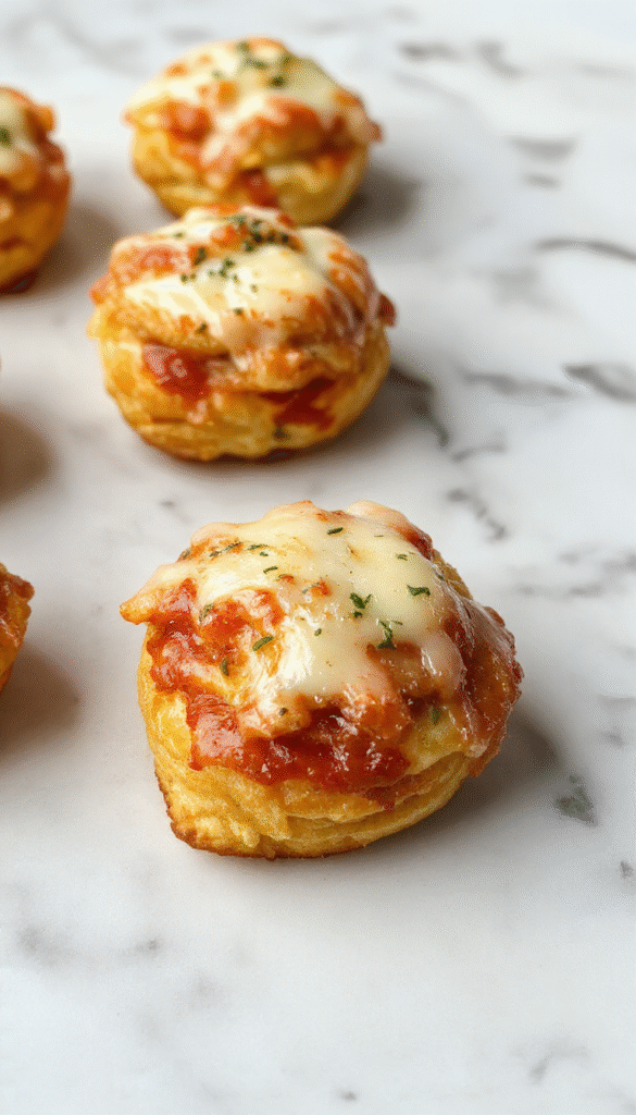 Colorful array of mini deep dish crescent roll pizzas topped with melted cheese, pepperoni, and colorful bell peppers, arranged on a rustic wooden platter with fresh herbs for garnish, showcasing crispy golden crusts and gooey cheese textures.