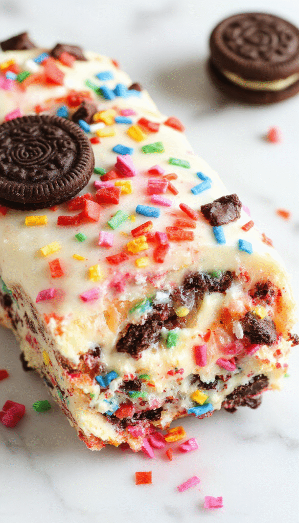 A vibrant layered dessert featuring colorful funfetti cake layers and crushed Oreo cookies, decorated with sprinkles on a white plate with a silver fork beside, set against a bright pastel background, showcasing the creamy texture and playful presentation.